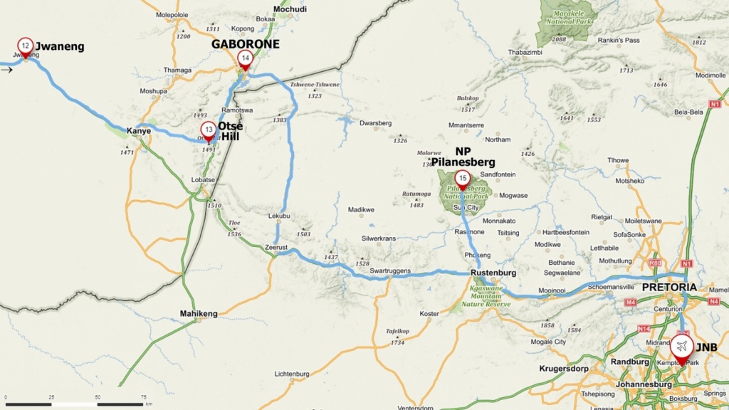 mapa trasy po botswaně – jih