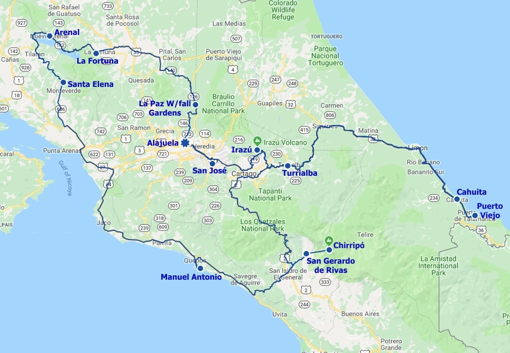 mapa trasy po kostarice