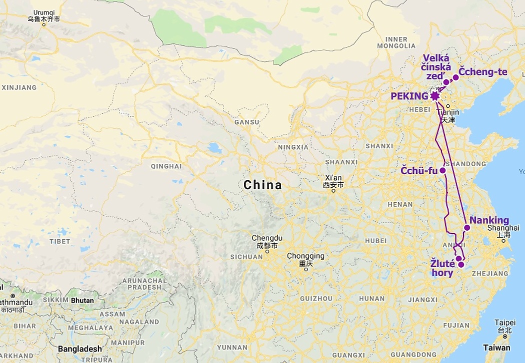mapa trasy po číně
